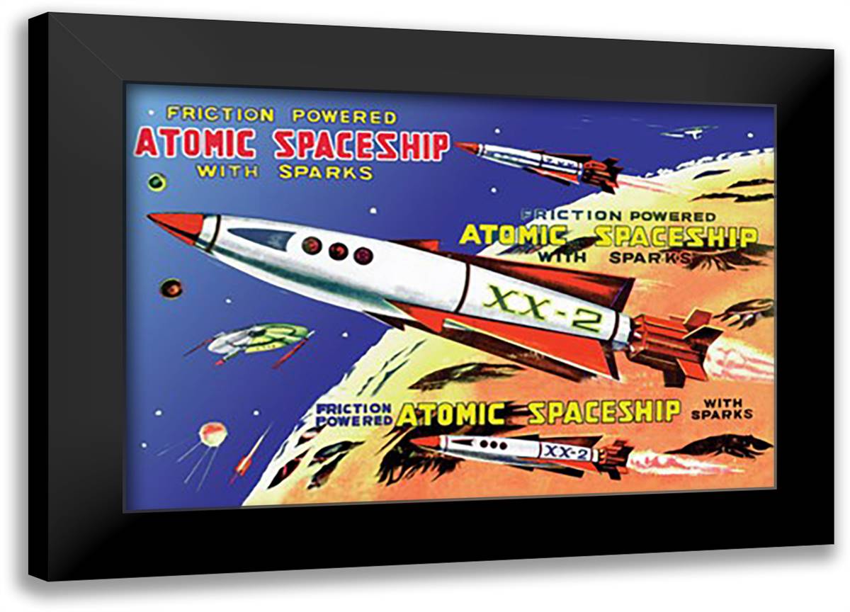 Friction Powered Atomic Spaceship with Sparks 22x16 Black Modern Wood Framed Art Print Poster