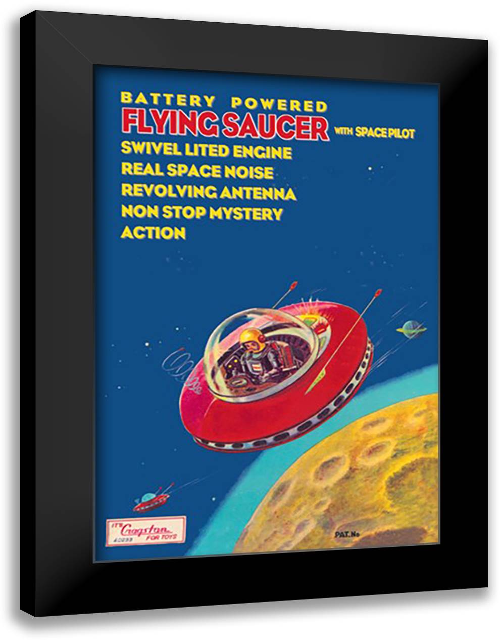 Battery Powered Flying Saucer with Space Pilot 16x22 Black Modern Wood Framed Art Print Poster