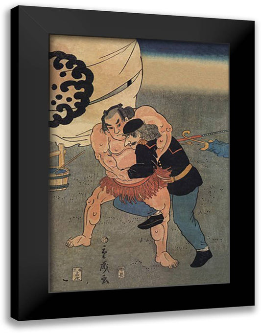 Sumo Wrestler Takes on a Foreigner 16x22 Black Modern Wood Framed Art Print Poster