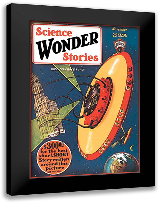 Science Wonder Stories: Invasion of the Landmark Snatchers 16x22 Black Modern Wood Framed Art Print Poster