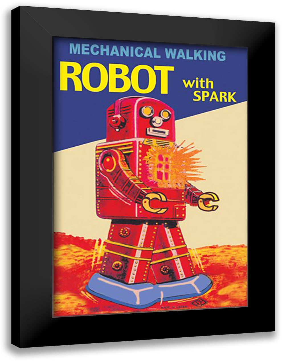 Mechanical Walking Red Robot with Spark 16x22 Black Modern Wood Framed Art Print Poster