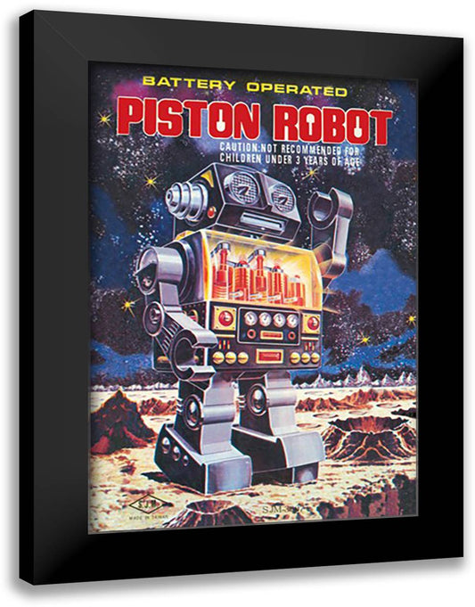 Battery Operated Piston Robot 16x22 Black Modern Wood Framed Art Print Poster