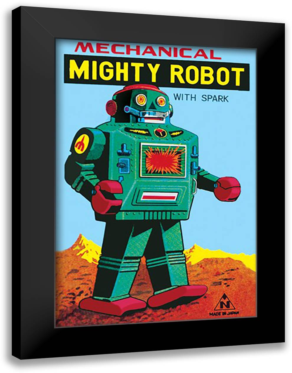 Mechanical Green Mighty Robot with Spark 16x22 Black Modern Wood Framed Art Print Poster