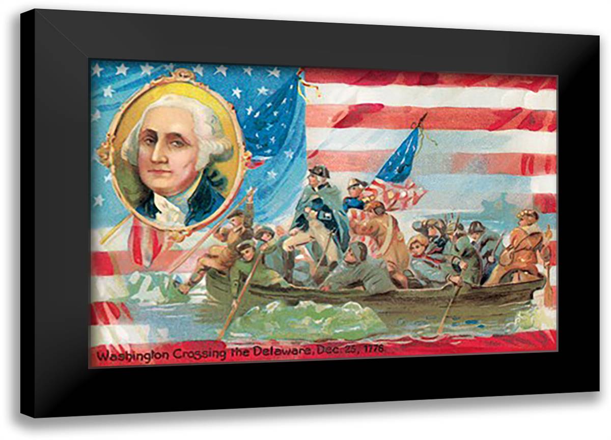 Washington Crossing the Delaware, with Portrait Inset 22x16 Black Modern Wood Framed Art Print Poster