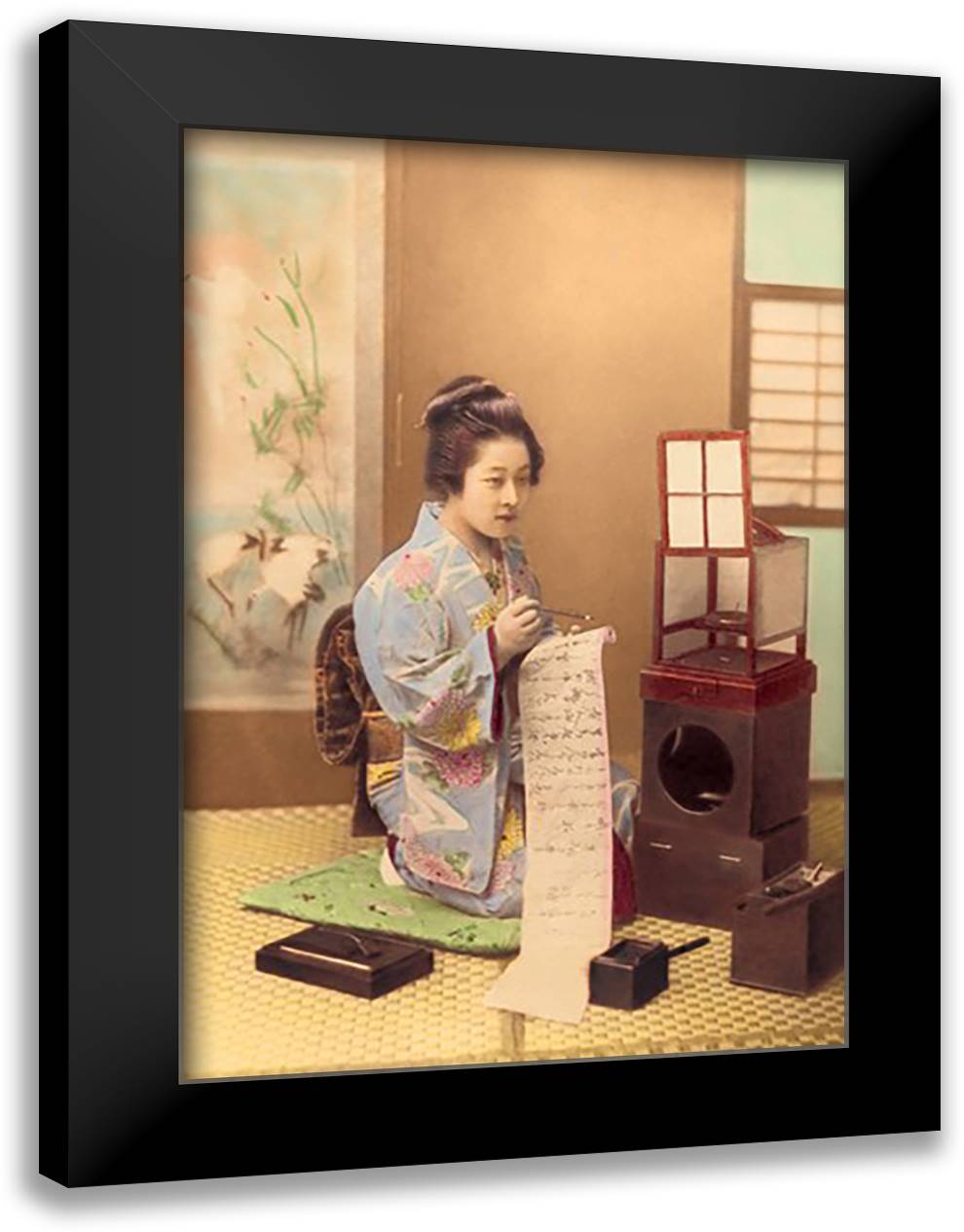 Writing a Letter 16x22 Black Modern Wood Framed Art Print Poster by Imperial Art School of Japan