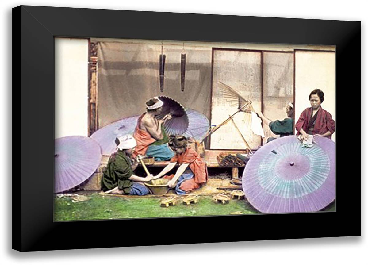 Making Umbrellas 22x16 Black Modern Wood Framed Art Print Poster by Kiitsu, Suzuki Motonaga