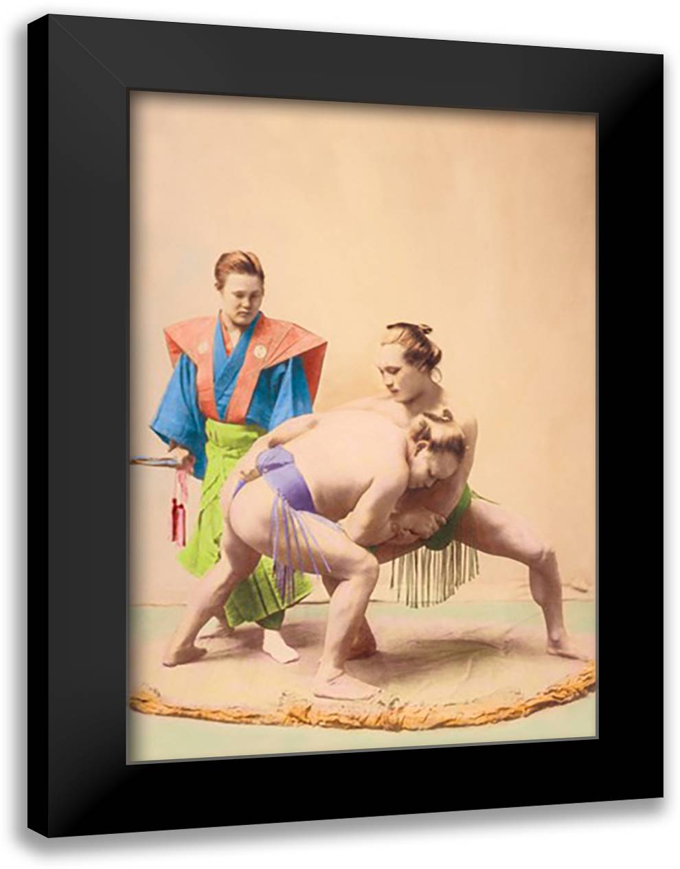 Sumo Wrestlers 16x22 Black Modern Wood Framed Art Print Poster by Imperial Art School of Japan