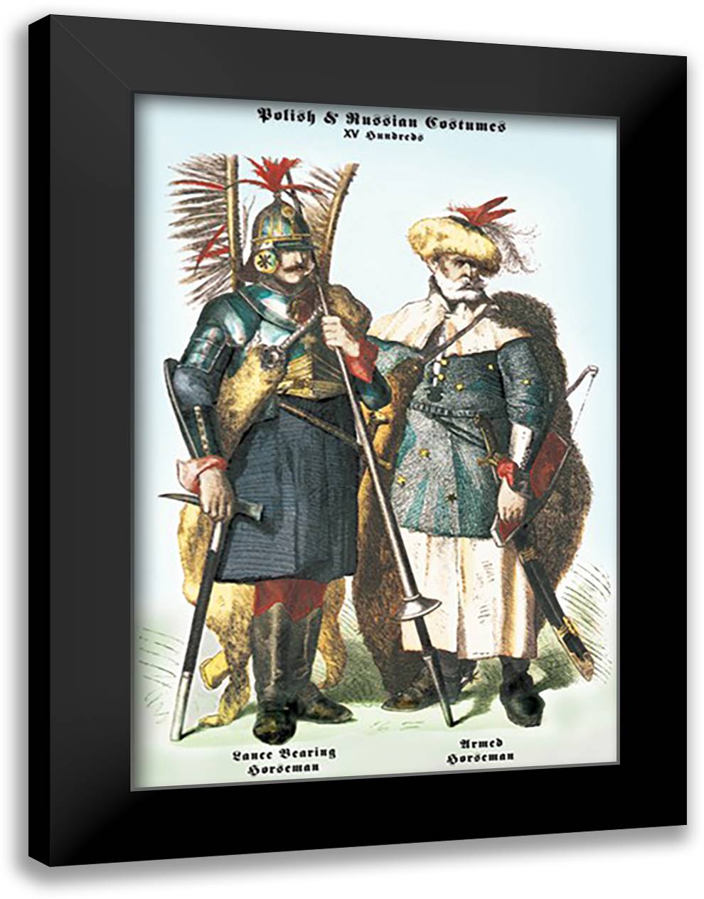 Polish and Russian Costumes: Lance Bearing and Armed Horsemen 16x22 Black Modern Wood Framed Art Print Poster