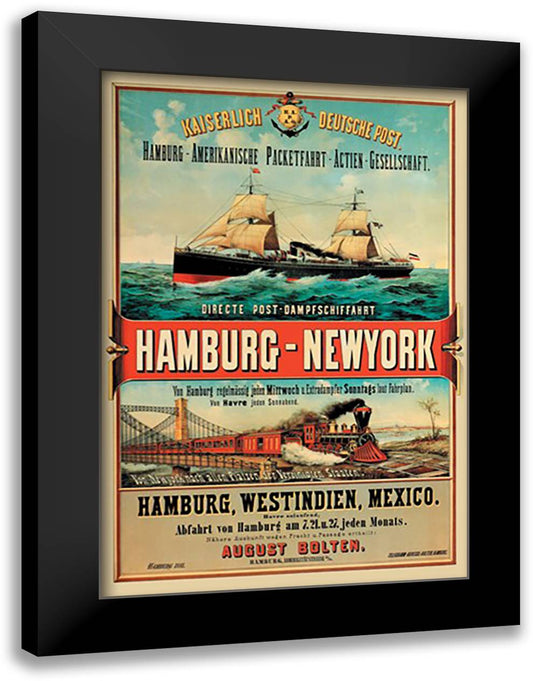 Direct Post Office Shipping Hamburg to New York 16x22 Black Modern Wood Framed Art Print Poster