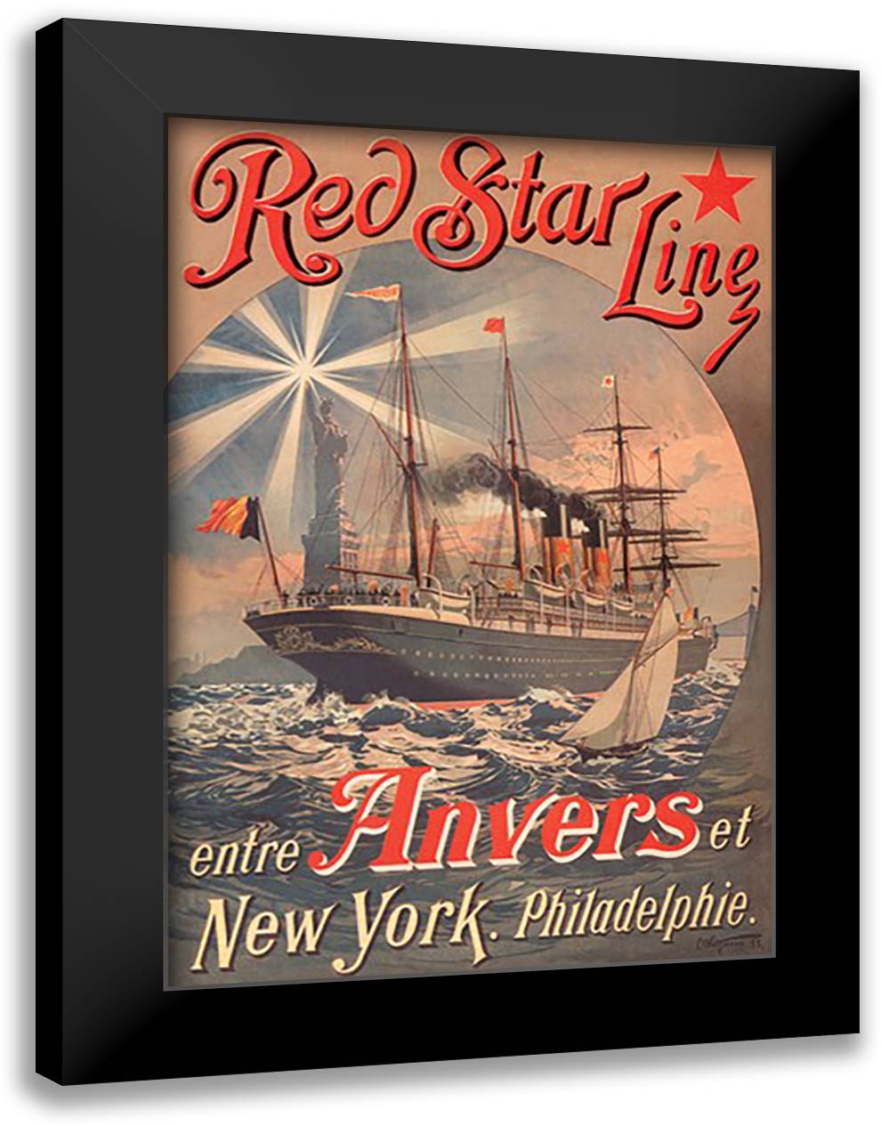 Red Star Cruise Line: Antwerp, New York, and Philadelphia 16x22 Black Modern Wood Framed Art Print Poster by Satzmann, C.