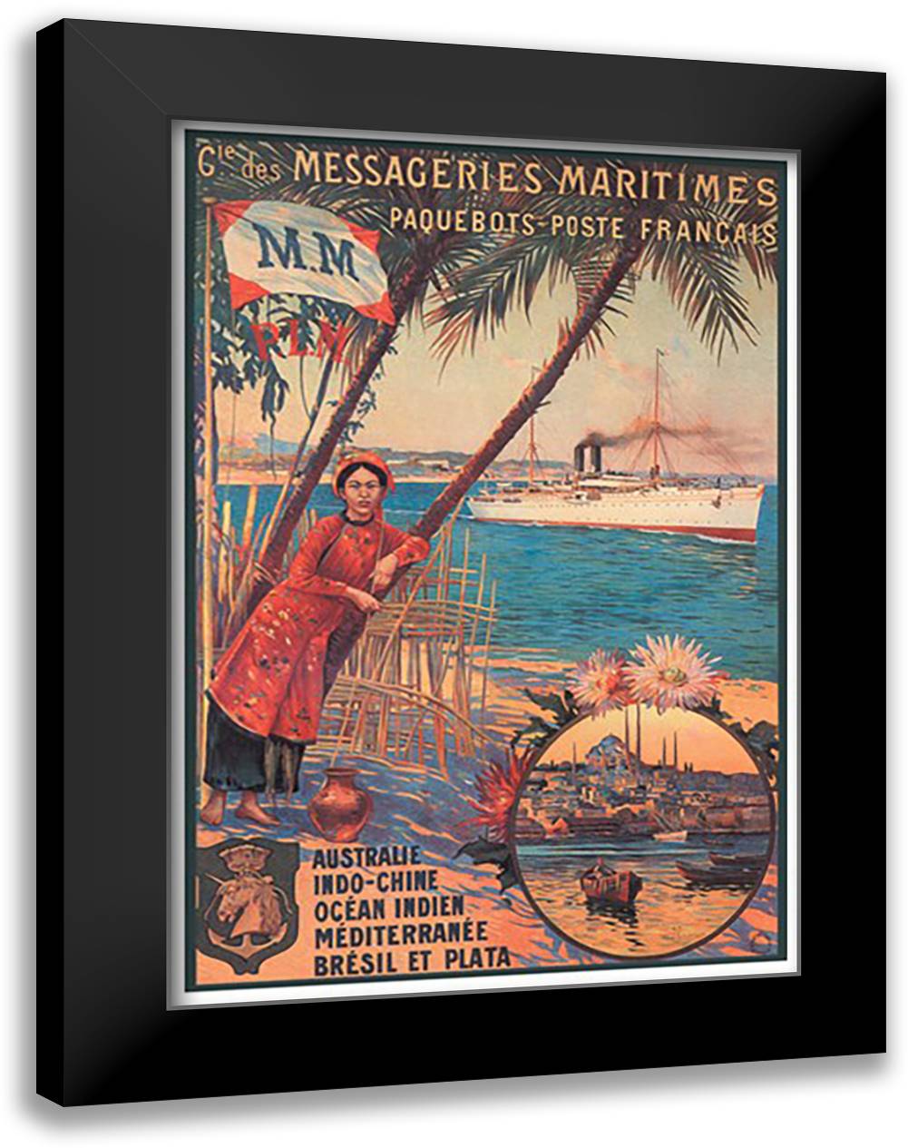 Messageries Maritimes French Cruise Line Ports: Australia, Indochina, Indian Ocean, Mediterranean, Brazil 16x22 Black Modern Wood Framed Art Print Poster