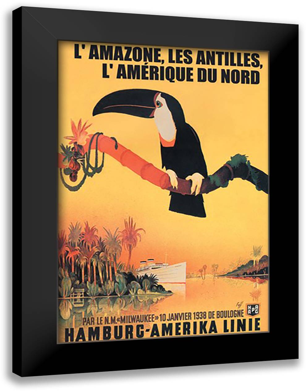 Amazon, Antilles, and North America: Hamburg-Amerika Cruise Line 16x22 Black Modern Wood Framed Art Print Poster