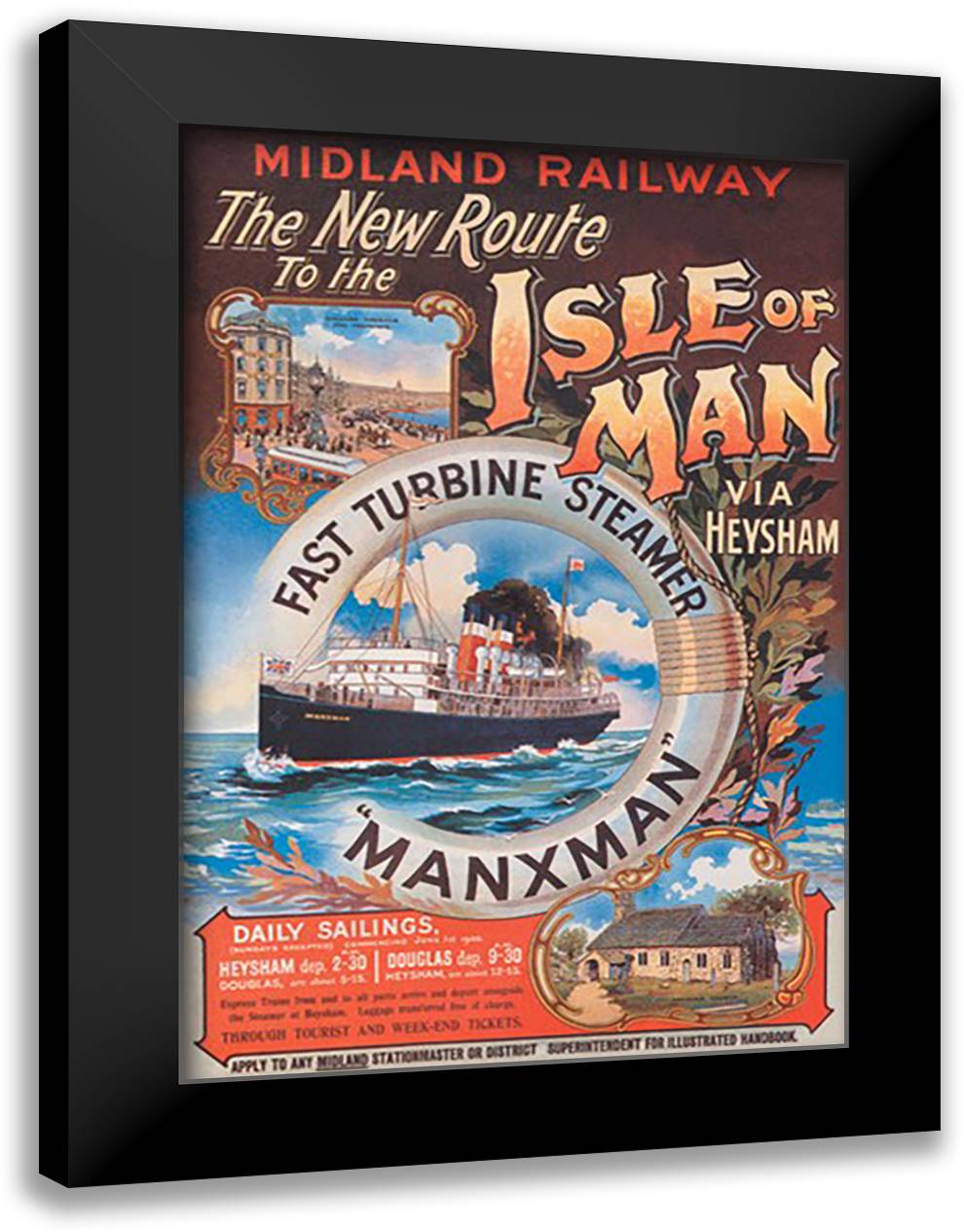 New Route to the Isle of Man via Heysham on the Fast Turbine Steamer Manxman 16x22 Black Modern Wood Framed Art Print Poster by Steventon, Herbert