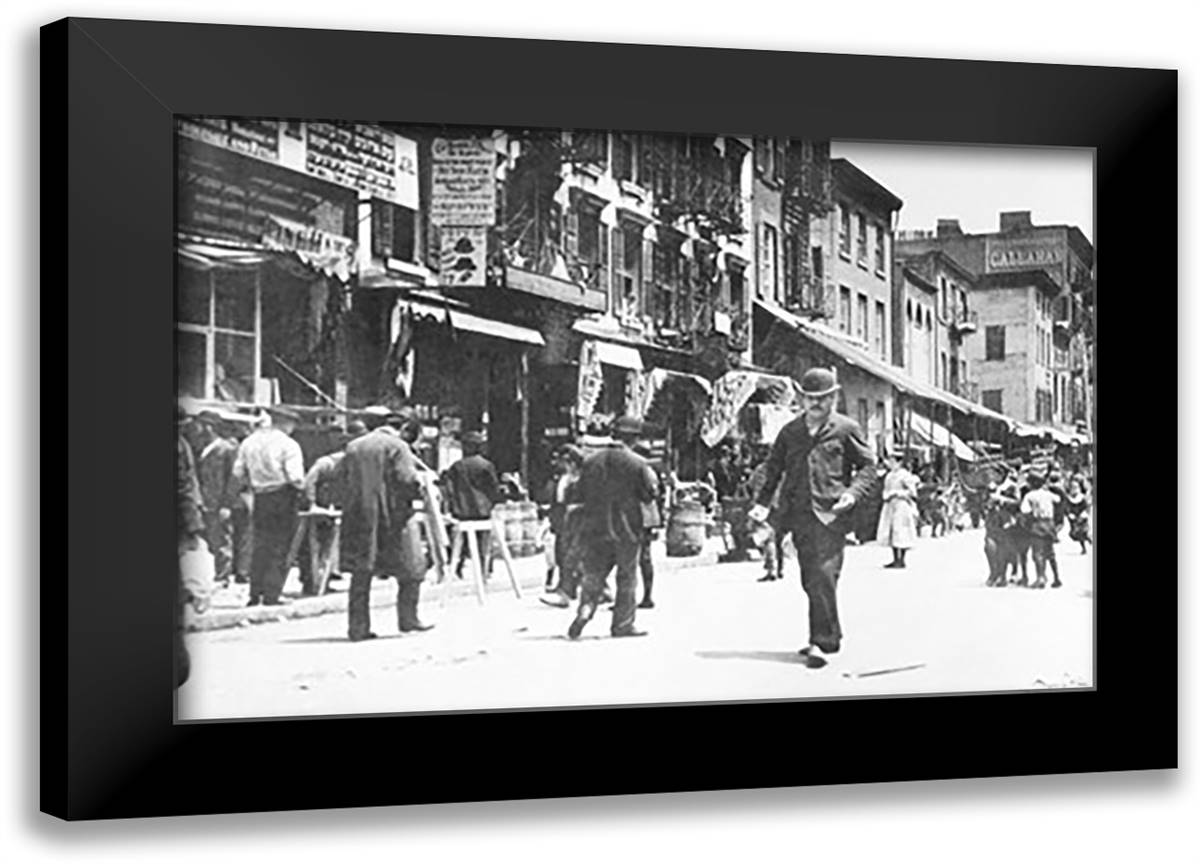 Street Level View of People Walking on Hester Street 22x16 Black Modern Wood Framed Art Print Poster