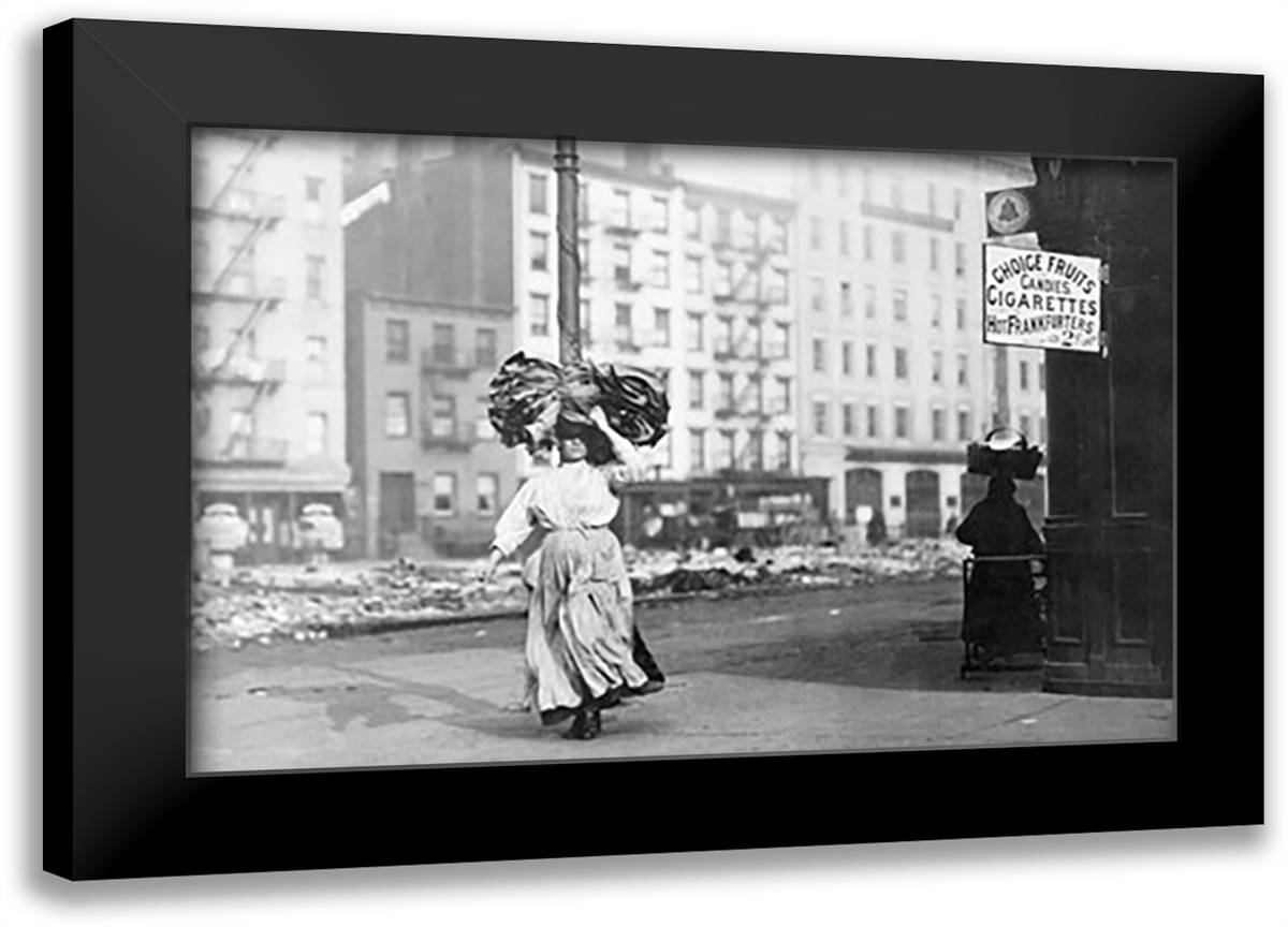 Immigrant Woman Walks Down Street Carrying a Pile of Clothing on Her Head 22x16 Black Modern Wood Framed Art Print Poster