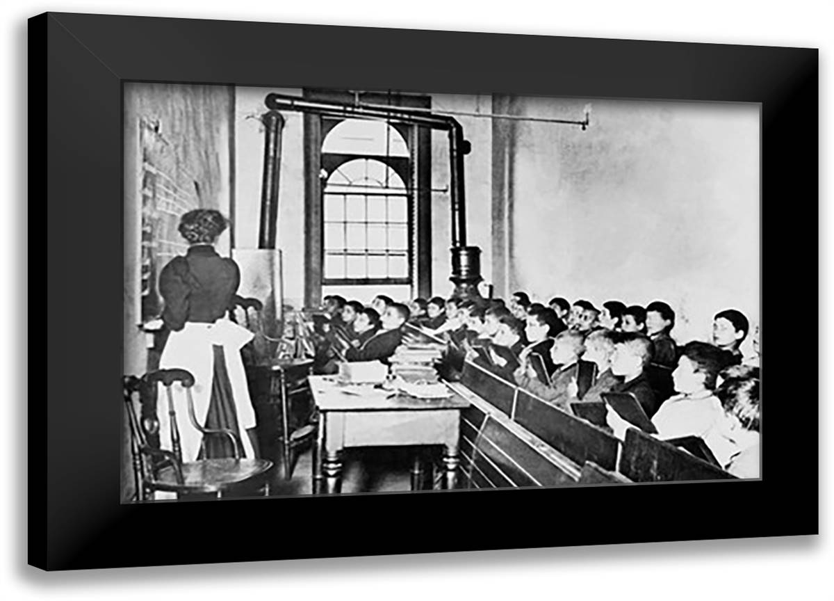 Teacher Instructs Students from Blackboard in Classroom 22x16 Black Modern Wood Framed Art Print Poster