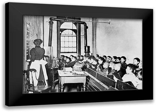 Teacher Instructs Students from Blackboard in Classroom 22x16 Black Modern Wood Framed Art Print Poster