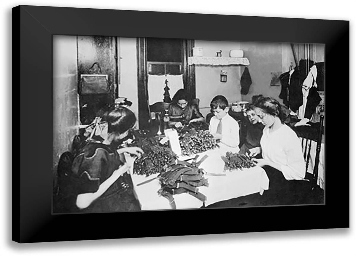 Family Sitting at Table Working with Garters 22x16 Black Modern Wood Framed Art Print Poster