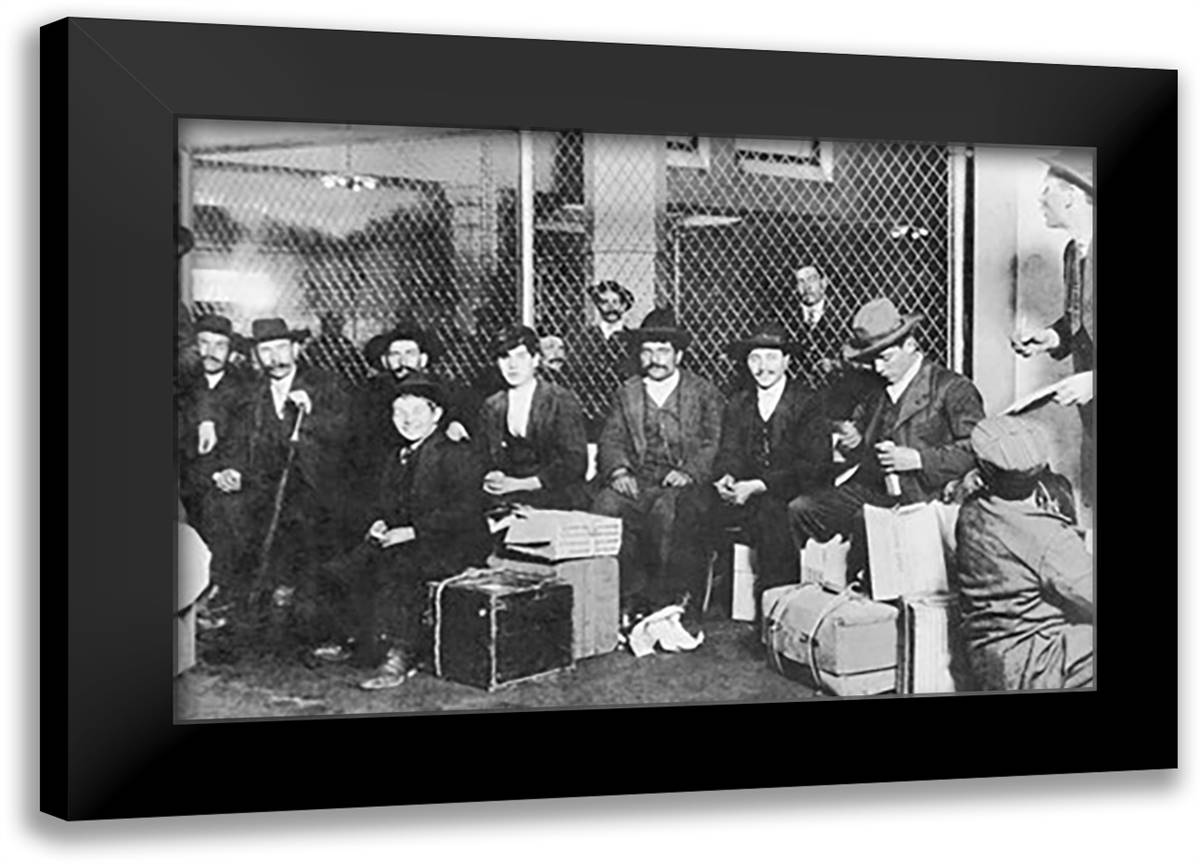 Immigrant Men Sitting at Ellis Island 22x16 Black Modern Wood Framed Art Print Poster