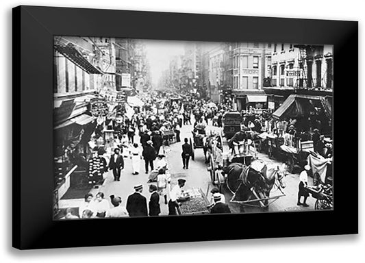 People, Peddlers, and Horse-Drawn Carriages on a Lower East Side Street 22x16 Black Modern Wood Framed Art Print Poster