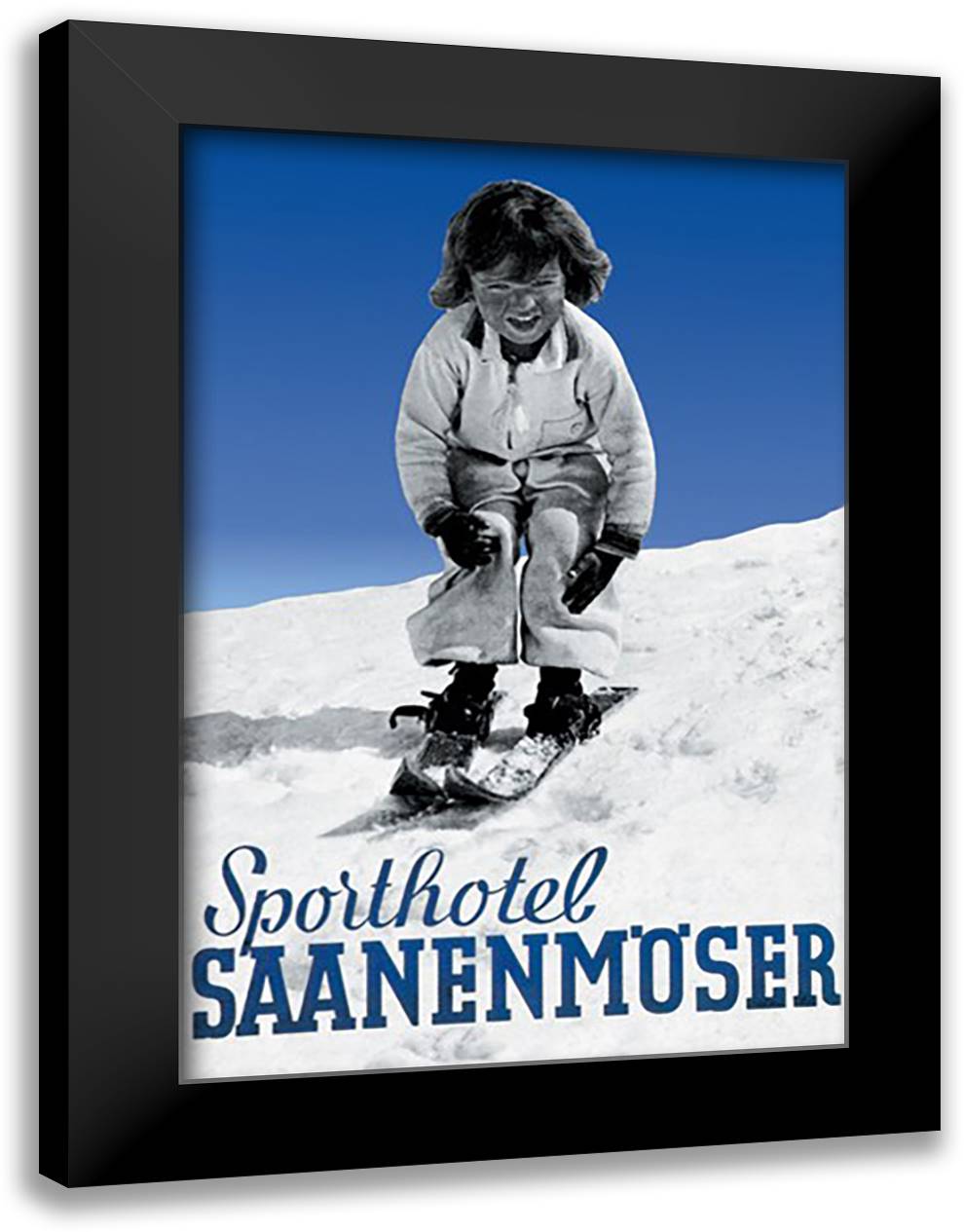 Sporthotel Saanenmoser: Little Girl Skiing 16x22 Black Modern Wood Framed Art Print Poster by Reiber, Armin