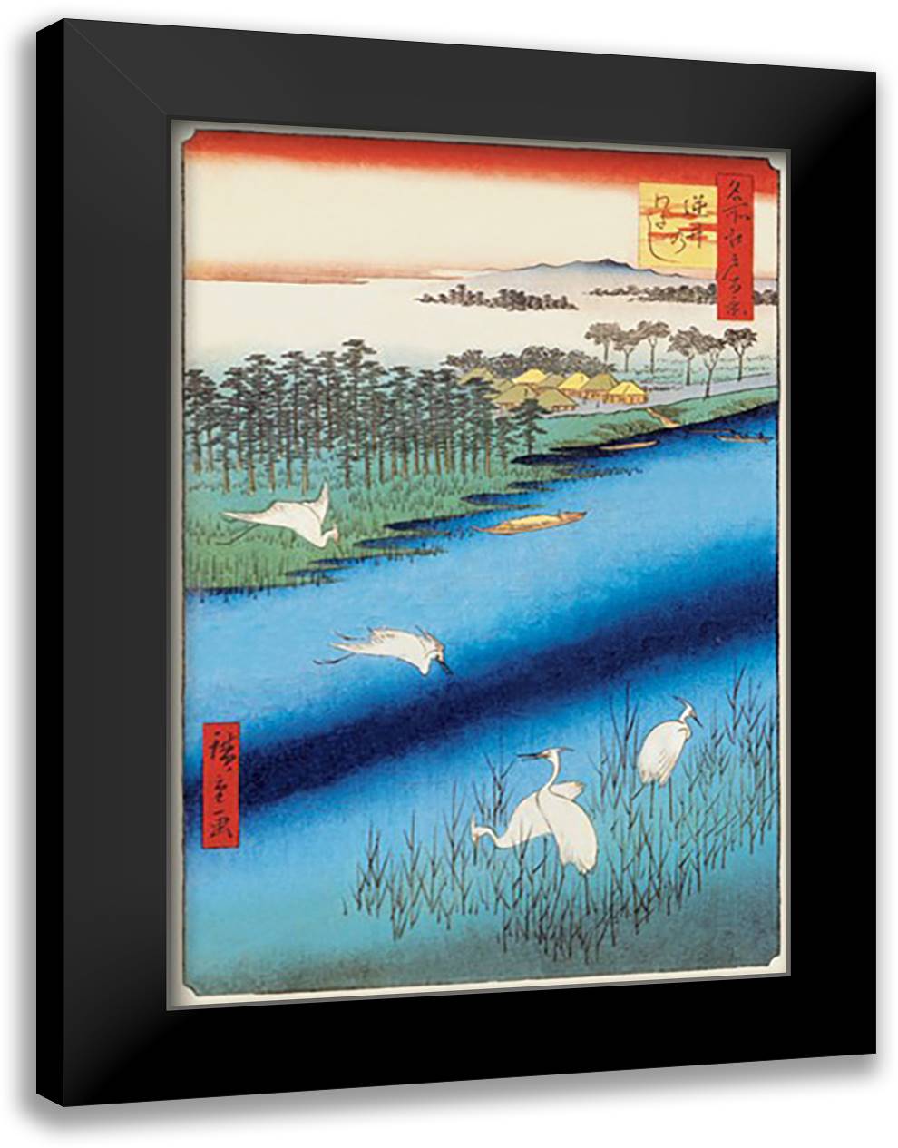 Cranes on the River 16x22 Black Modern Wood Framed Art Print Poster by Hiroshige, Utagawa