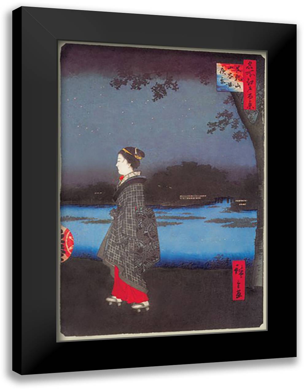 Night Scene of Matsuchi Hill and the Sanya Moat 16x22 Black Modern Wood Framed Art Print Poster by Hiroshige, Utagawa