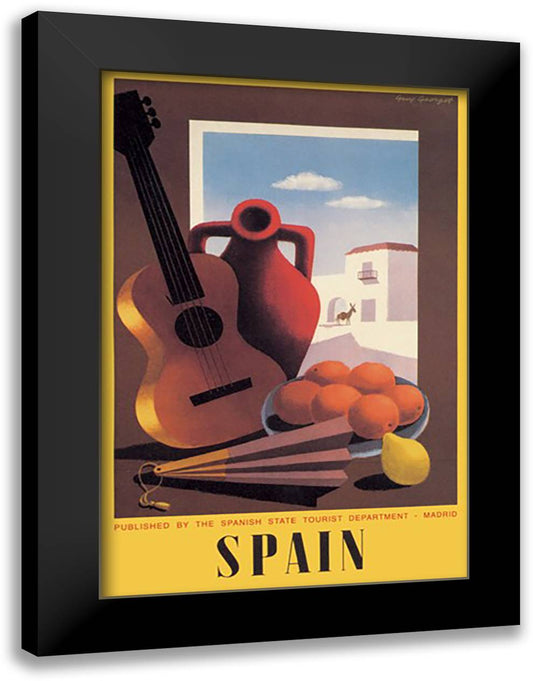 Spain: Guitar and Oranges 16x22 Black Modern Wood Framed Art Print Poster