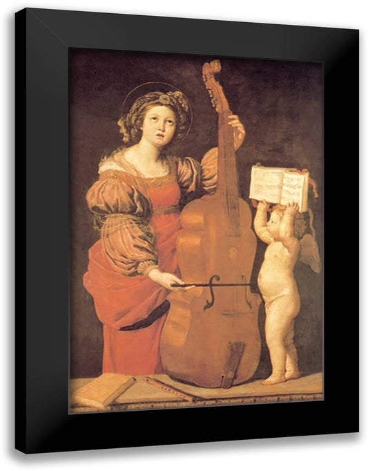 Cherub Holds Music Book for Woman Playing the Cello 16x22 Black Modern Wood Framed Art Print Poster