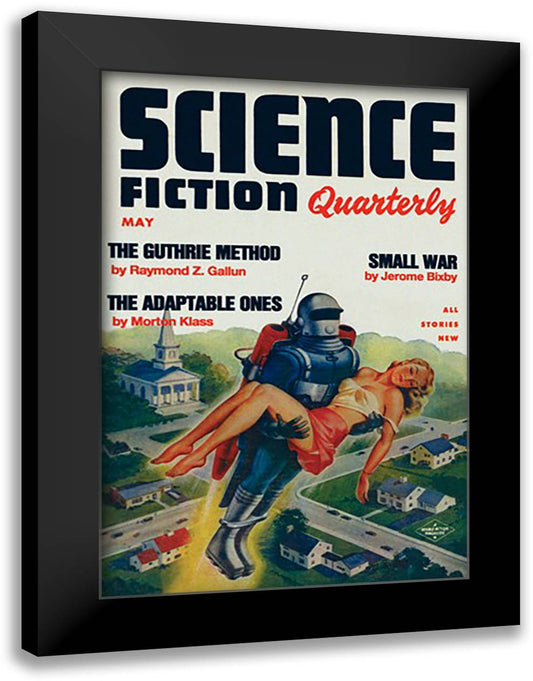 Science Fiction Quarterly: Rocket Man Kidnaps Woman 16x22 Black Modern Wood Framed Art Print Poster