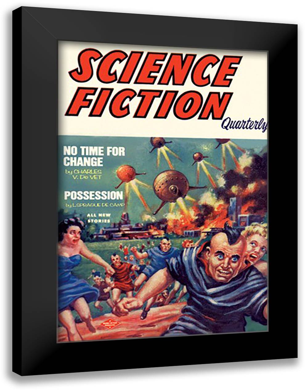 Science Fiction Quarterly: Citizens Flee UFO Attack 16x22 Black Modern Wood Framed Art Print Poster