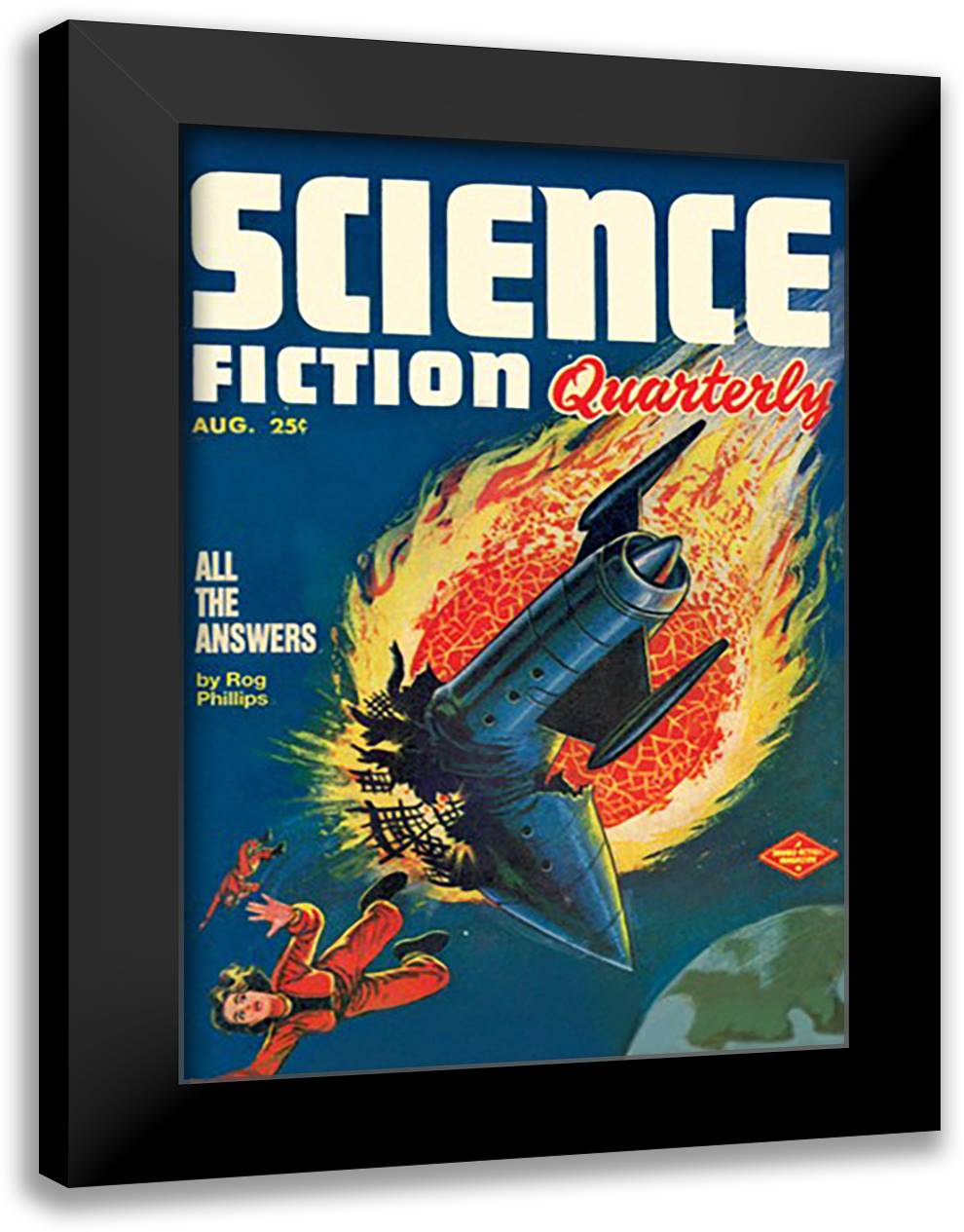 Science Fiction Quarterly: Comet Crashes into Rocket 16x22 Black Modern Wood Framed Art Print Poster