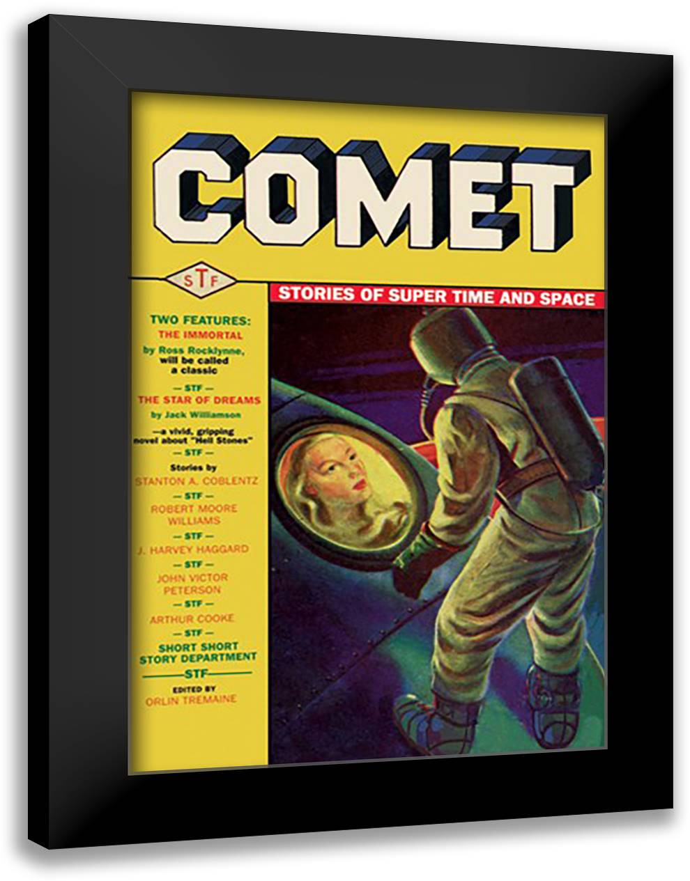 Comet: Beautiful Woman in Rocket Window 16x22 Black Modern Wood Framed Art Print Poster