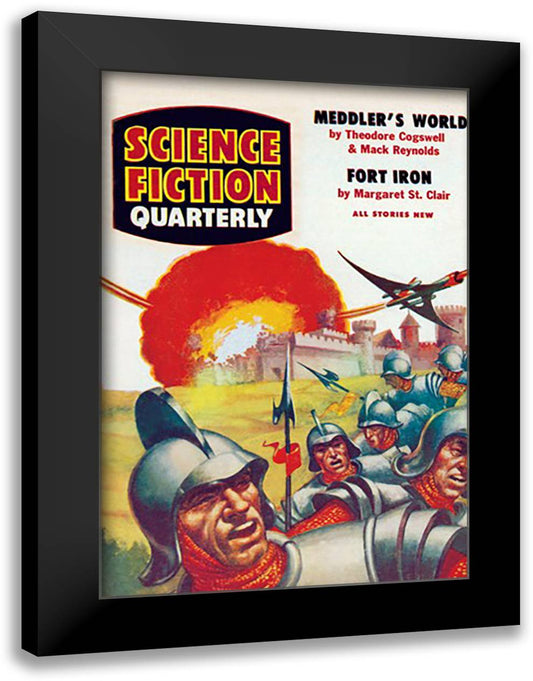 Science Fiction Quarterly: Spaceship Attack on Medieval Fortress 16x22 Black Modern Wood Framed Art Print Poster