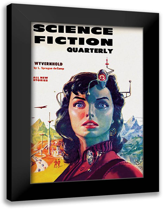 Science Fiction Quarterly: Woman with Forehead Transmitter 16x22 Black Modern Wood Framed Art Print Poster