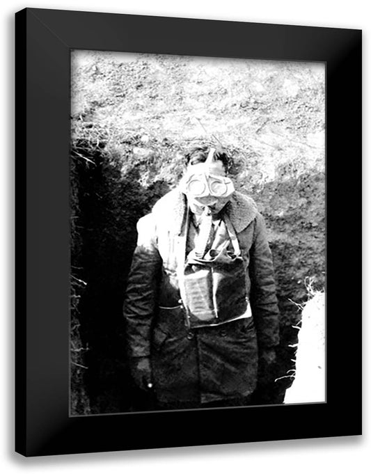 American Soldier Wearing His Gas Mask 16x22 Black Modern Wood Framed Art Print Poster