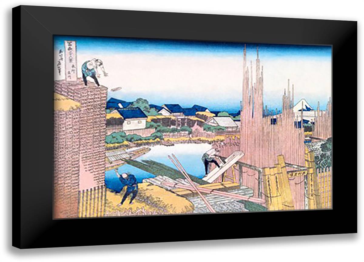 Building in the Village 22x16 Black Modern Wood Framed Art Print Poster by Hokusai, Katsushika