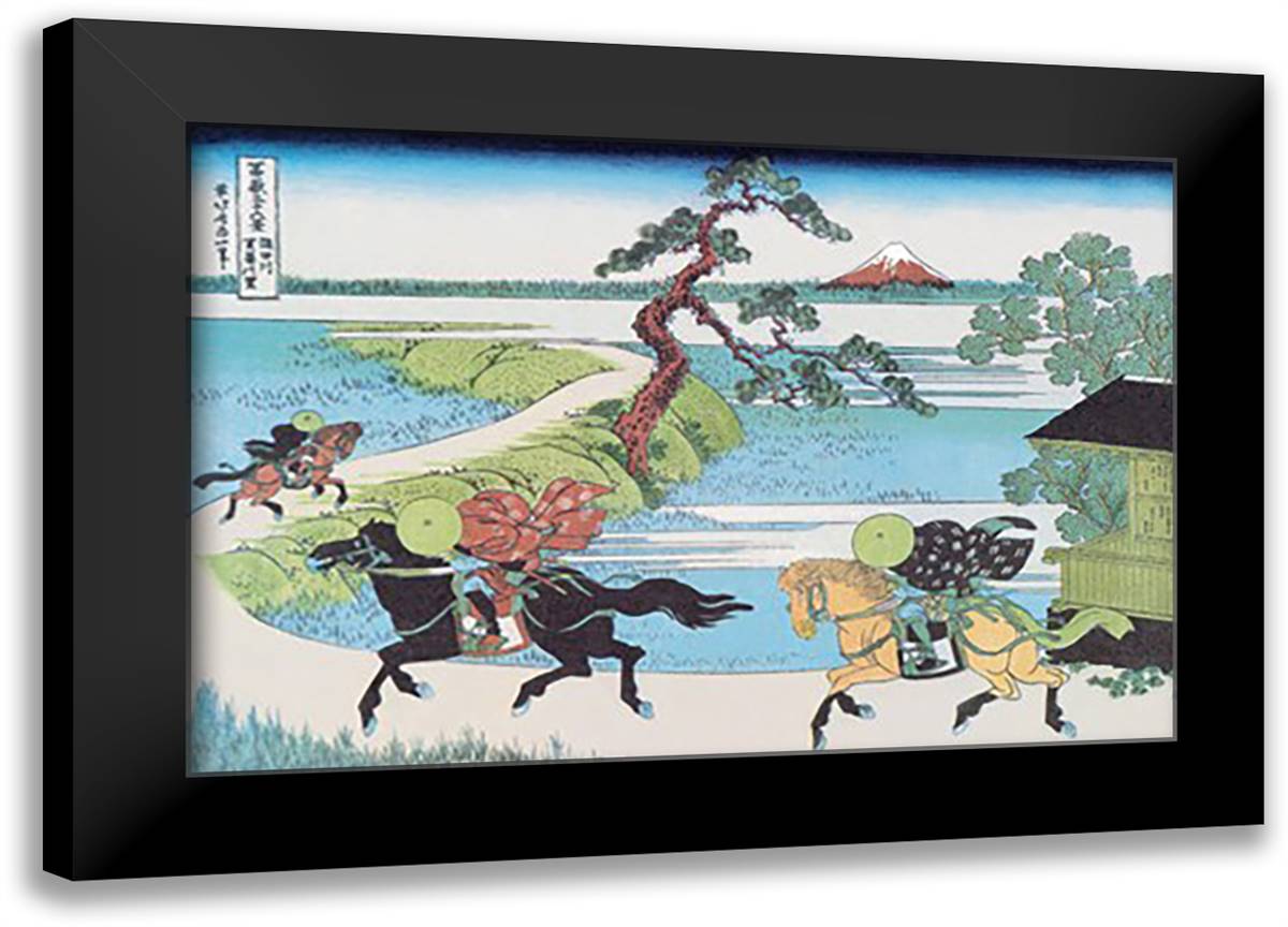 View of Mount Fuji from Horseback 22x16 Black Modern Wood Framed Art Print Poster by Hokusai, Katsushika