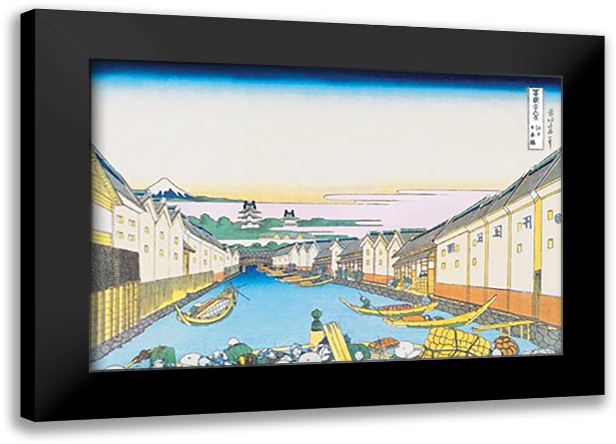 River Commerce 22x16 Black Modern Wood Framed Art Print Poster by Hokusai, Katsushika