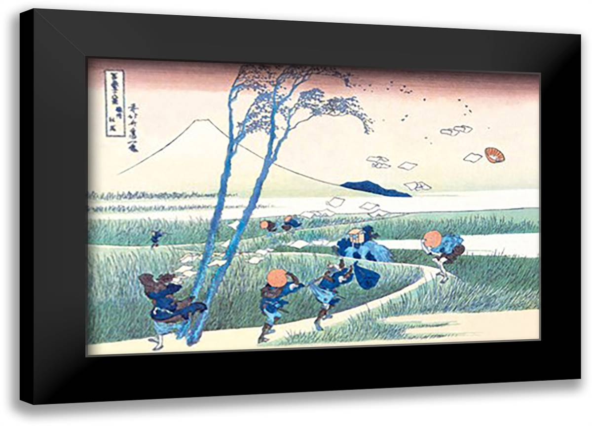 Wind Buffets Travelers in View of Mount Fuji 22x16 Black Modern Wood Framed Art Print Poster by Hokusai, Katsushika