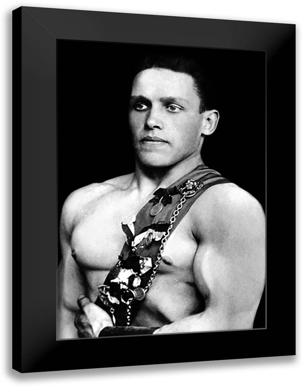 Russian Wrestler with Medals 16x22 Black Modern Wood Framed Art Print Poster