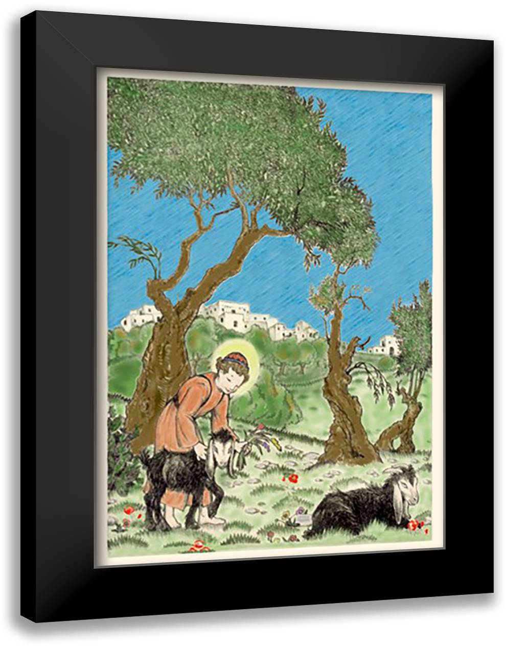 Jesus and the Baby Goats 16x22 Black Modern Wood Framed Art Print Poster