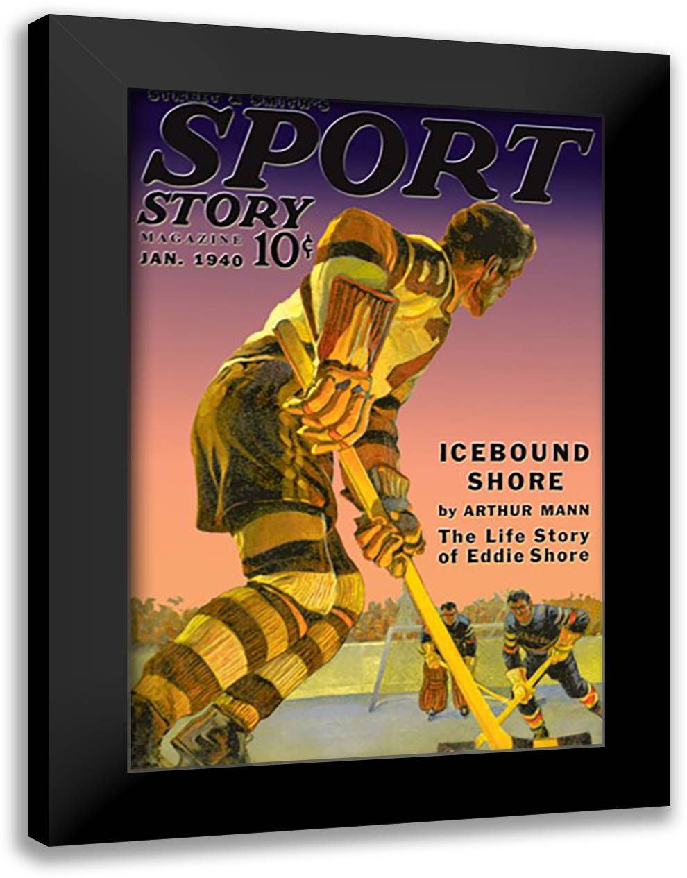 Player Approaches Defenseman and Goalie 16x22 Black Modern Wood Framed Art Print Poster