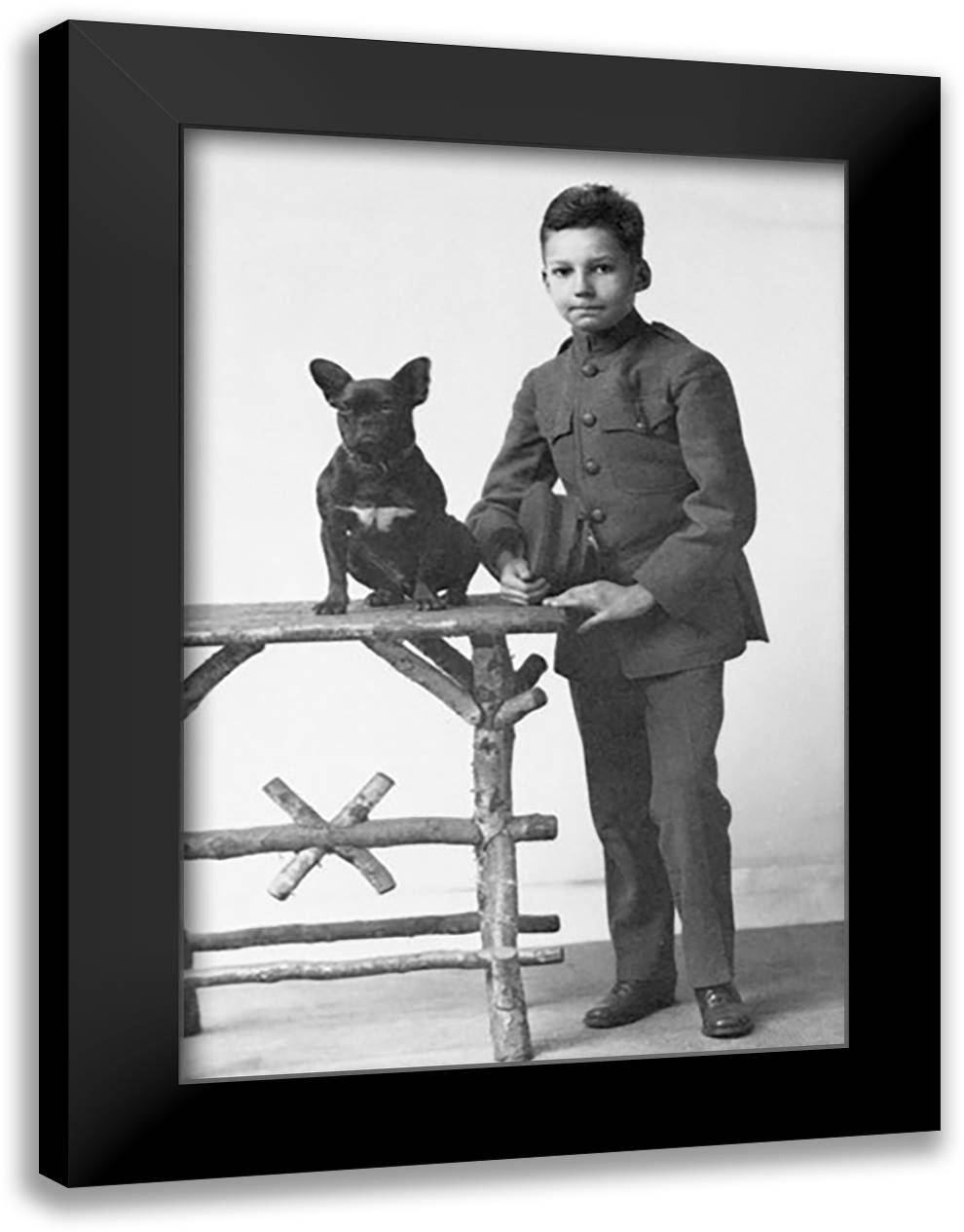 Boy with French Bulldog 16x22 Black Modern Wood Framed Art Print Poster