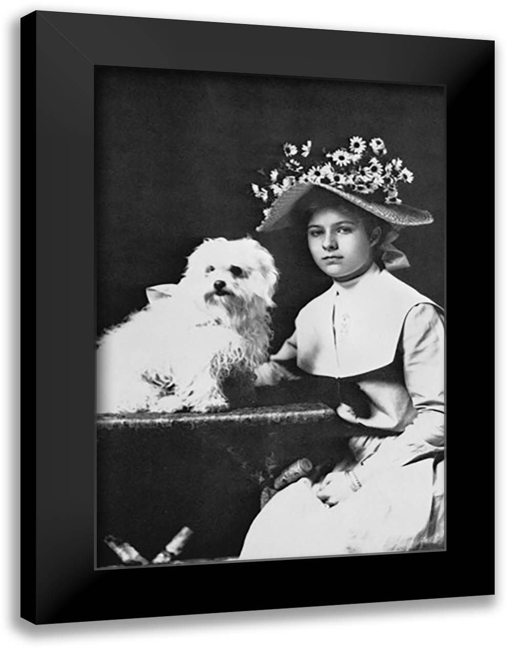 Woman in Bonnet with Maltese Terrier 16x22 Black Modern Wood Framed Art Print Poster