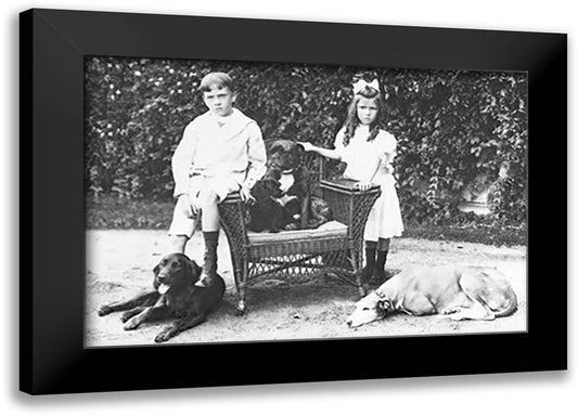 Boy and Girl with Their Four Dogs 22x16 Black Modern Wood Framed Art Print Poster