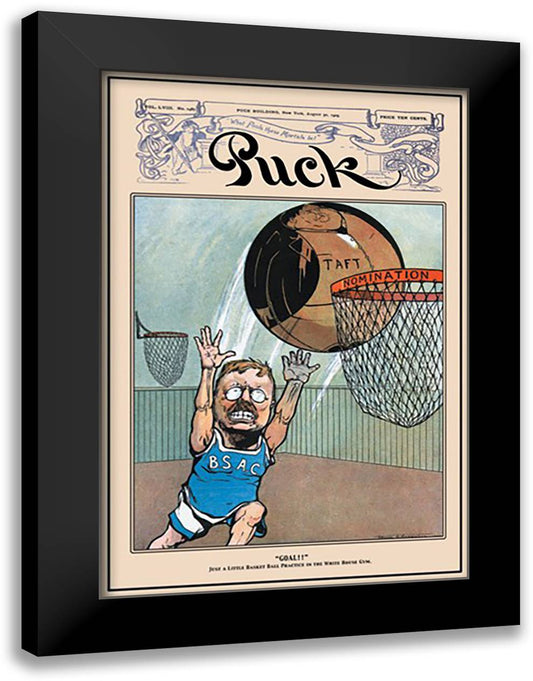 Puck Magazine: "Goal!; Just a Little Basketball Practice at the White House Gym." 16x22 Black Modern Wood Framed Art Print Poster