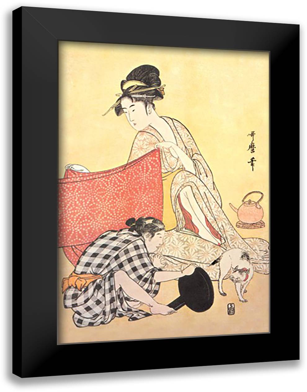 Two Women and a Cat 16x22 Black Modern Wood Framed Art Print Poster by Utamaro, Kitagawa