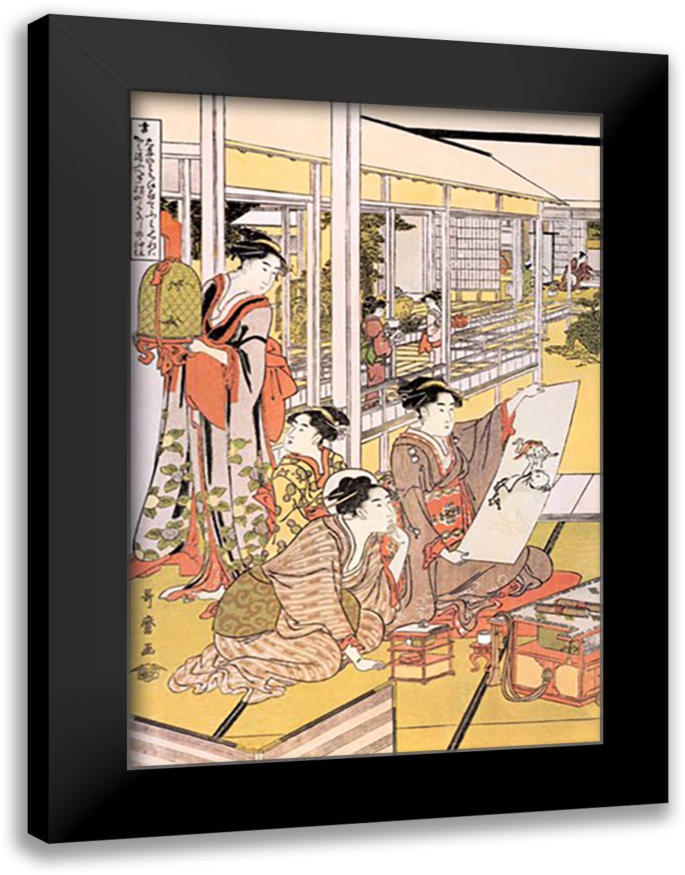 Painting in the House 16x22 Black Modern Wood Framed Art Print Poster by Utamaro, Kitagawa