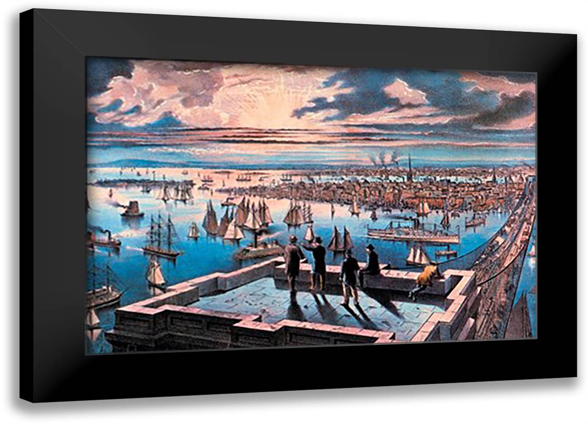 New York Harbor at Sunset 22x16 Black Modern Wood Framed Art Print Poster by Currier, Nathaniel